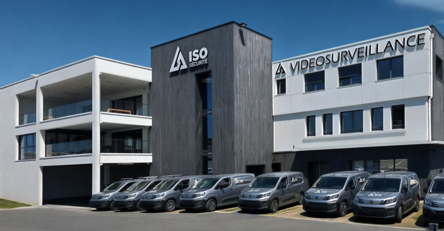Flotte de véhicules techniques ISO Sécurité devant le siège, au service des interventions en sécurité électronique