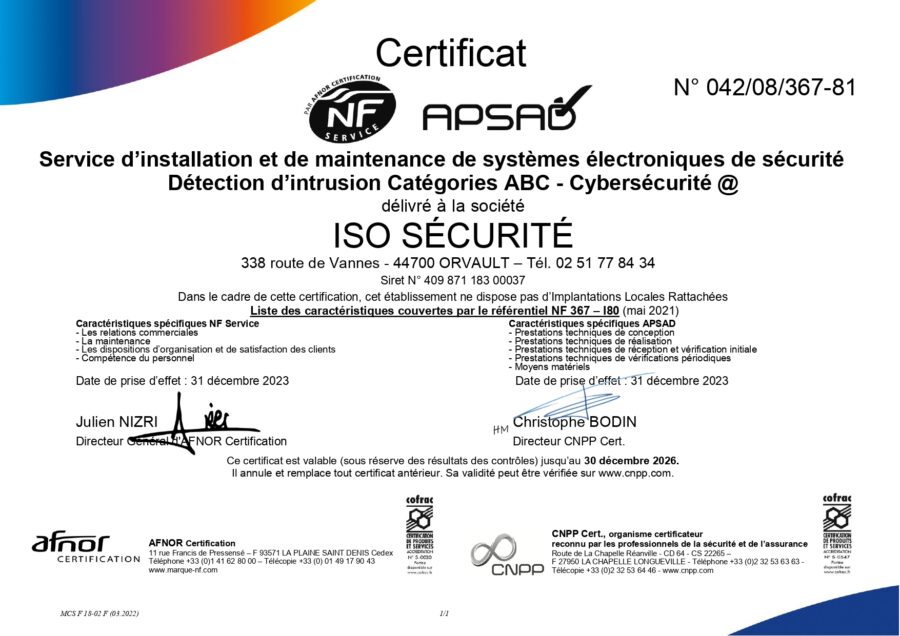 Certificat APSAD NF Service ISO Sécurité - installation et maintenance de systèmes de détection intrusion catégories ABC et vidéosurveillance cybersécurité @