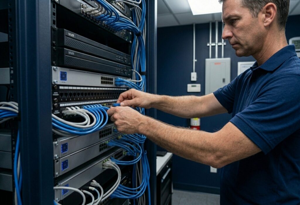 Technicien sécurité configurant une baie informatique avec des équipements de contrôle d'accès et vidéoprotection et des câbles réseau chiffrés